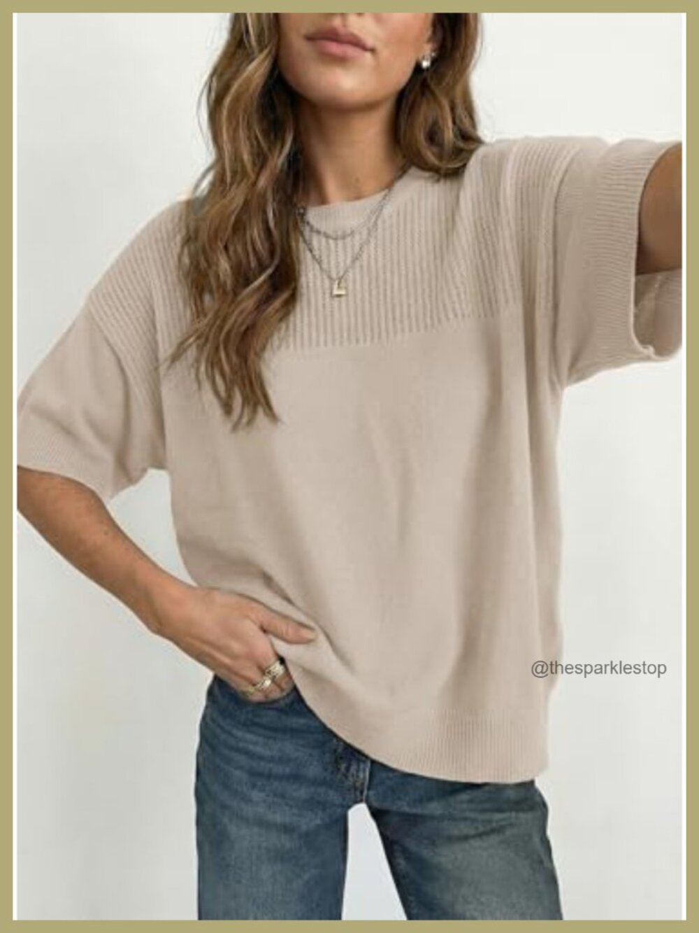 Oversized Cropped 3/4 Sleeve Pullover Sweater Women Viscose Knit Top - Picture 4 of 4